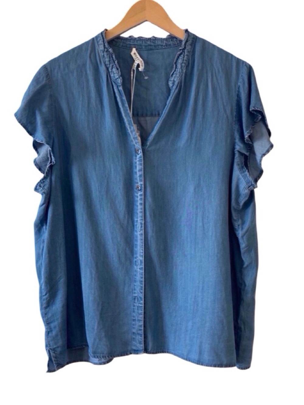 Workshop Republic Clothing Blue Lyocell Ruffle Sleeve Button Top NWT XL